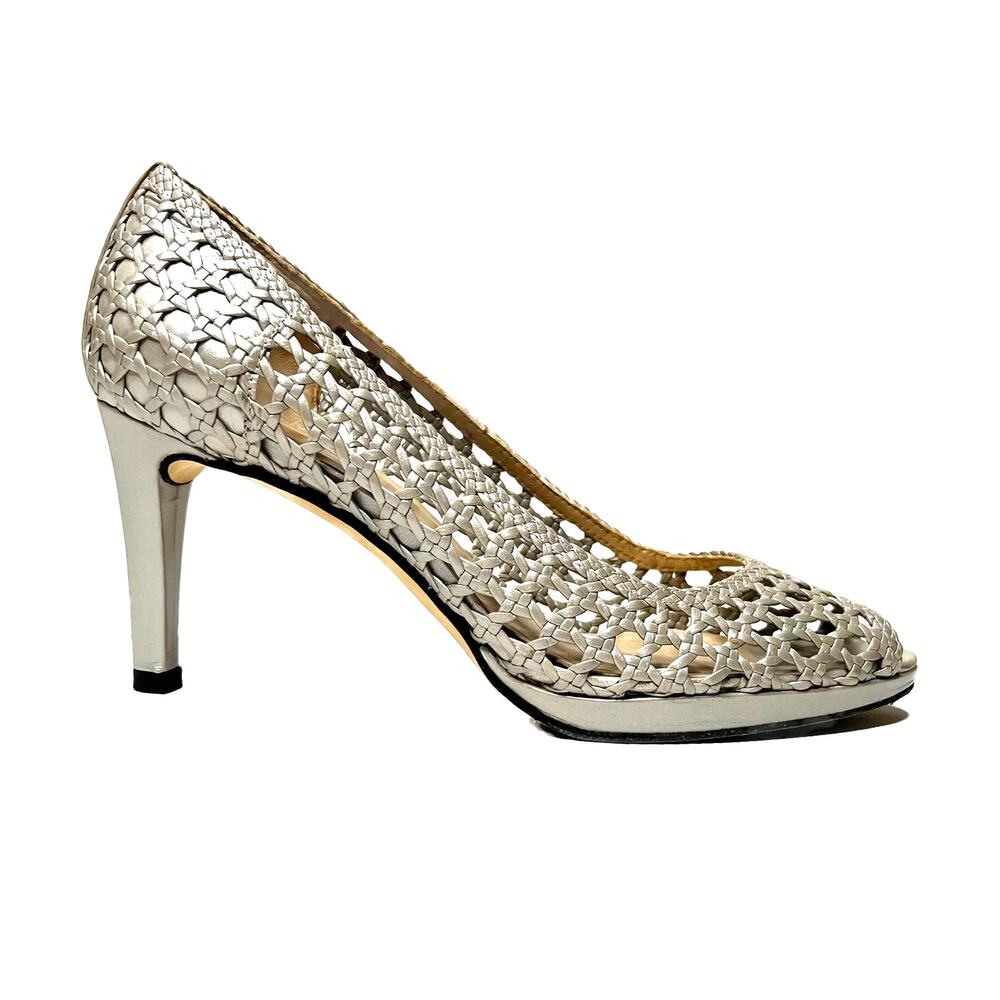 Stuart Weitzman Rattan Woven Stiletto Pumps Womens 6.5 Silver Taupe